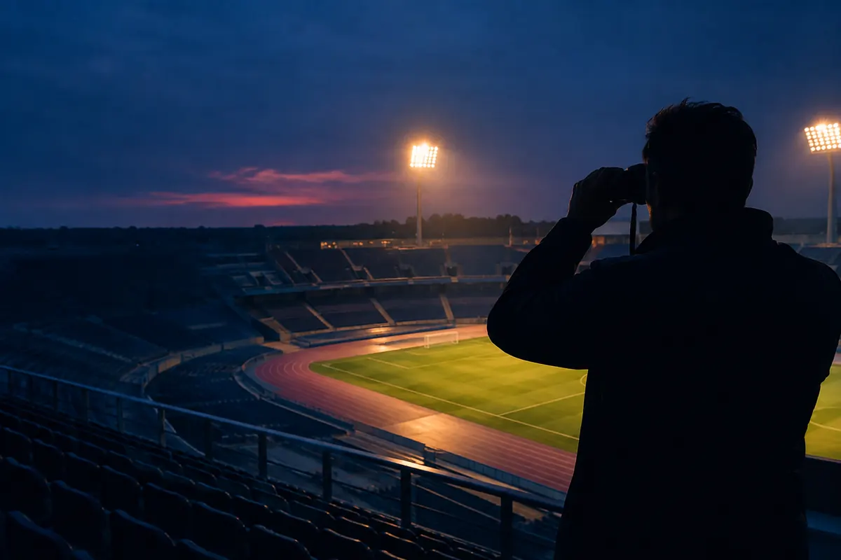 A silhouette of a scout raising binoculars in the empty upper tier of a night stadium, warm floodlights glowing over the pitch below.