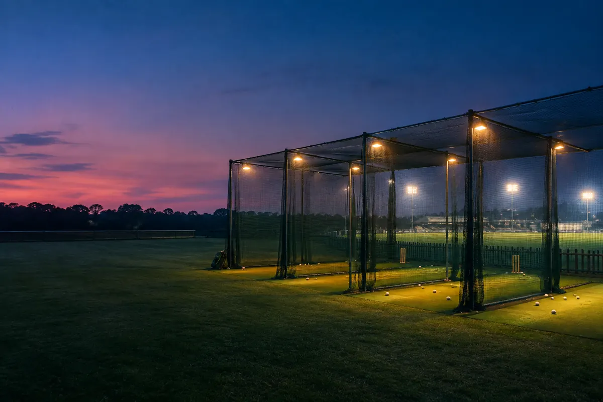 Empty cricket practice nets side by side at dusk, each lane lit by a warm lamp, with balls on the turf and a floodlit ground glowing behind