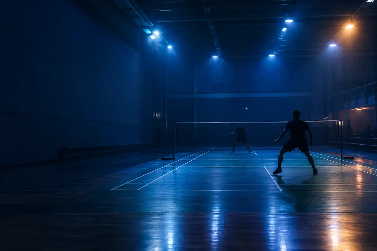 Two badminton players in silhouette mid-rally in a blue-lit hall, one warm lamp glowing in the background