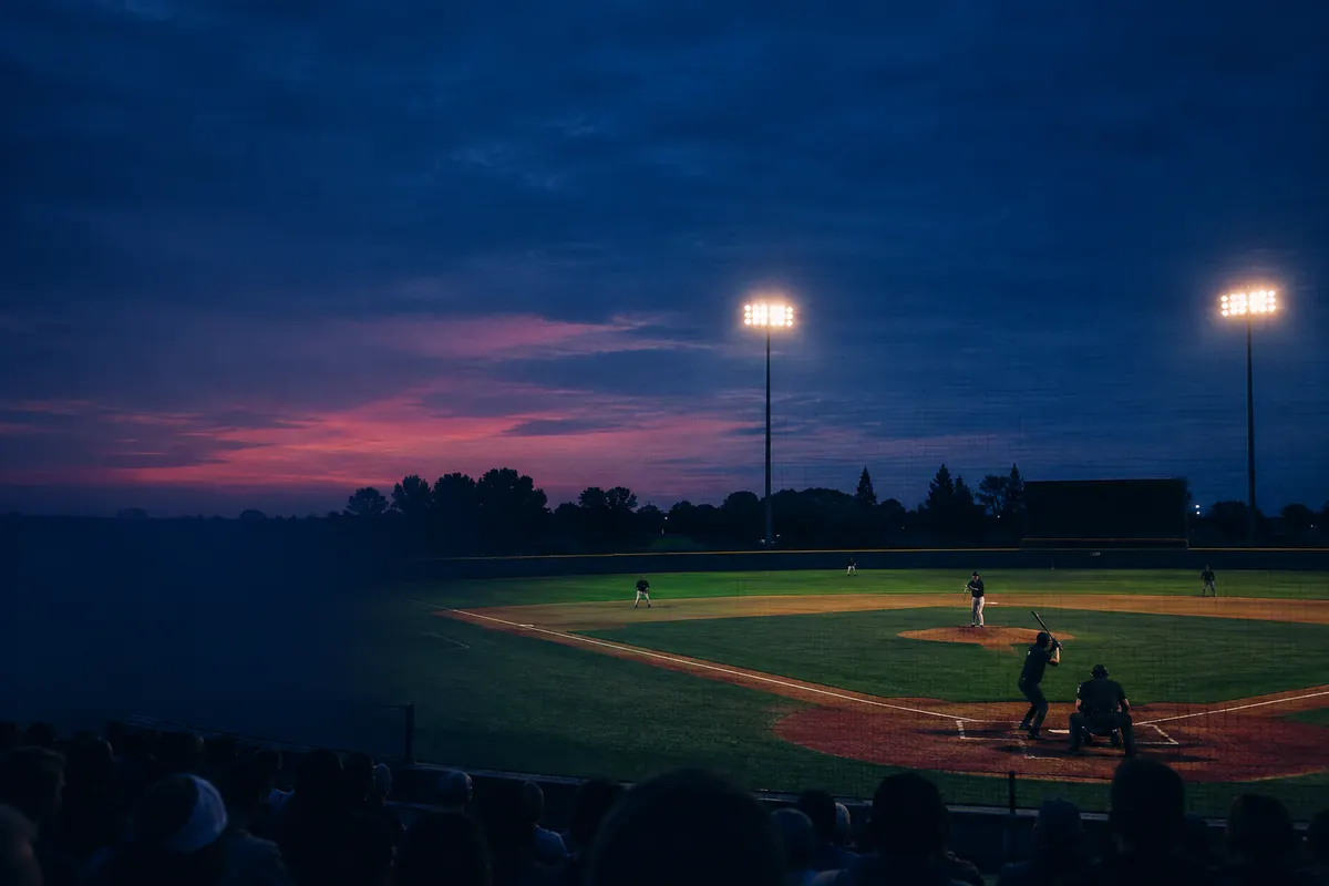 A baseball diamond at night seen from behind the backstop, a batter in silhouette at the plate under blazing floodlights, the stands hushed