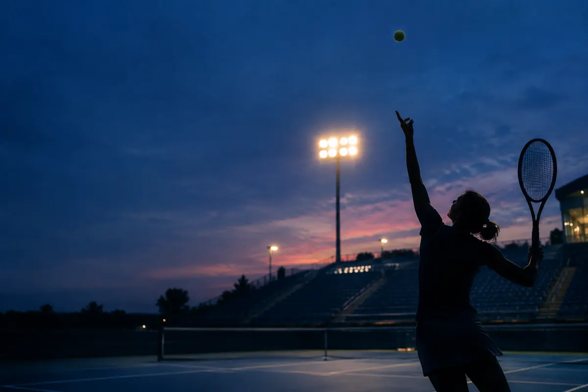 An adult tennis player in silhouette at the peak of a serve toss, the ball frozen against a deep blue sky above a floodlit court.
