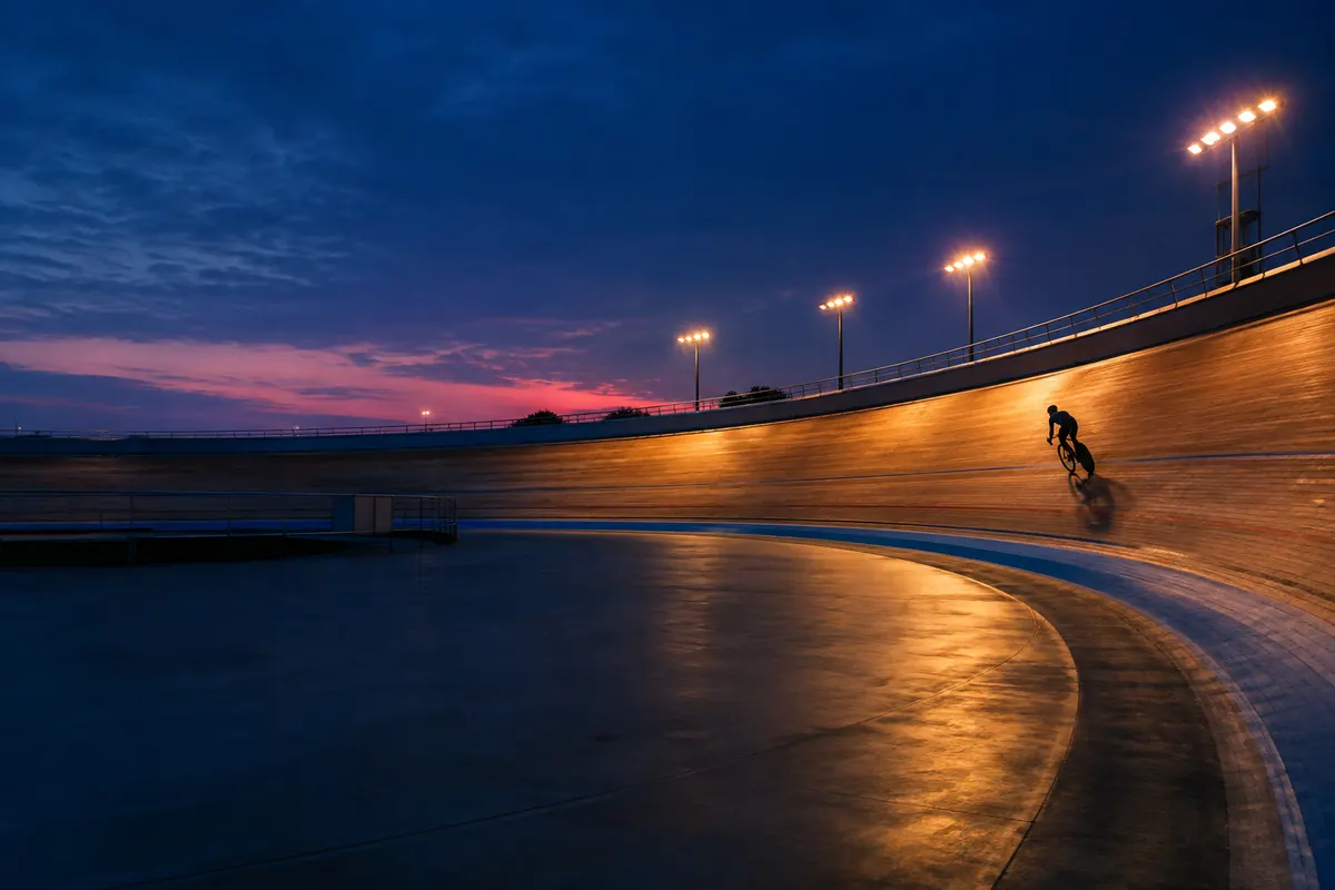 A banked wooden velodrome track at night, seen from the infield, a lone cyclist in silhouette riding high on the curve under amber lights