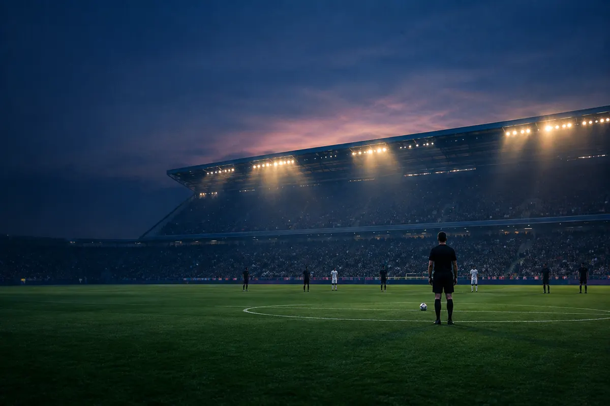 A referee seen from far behind on the centre circle of a hushed floodlit stadium, the ball on the spot and the players frozen far away