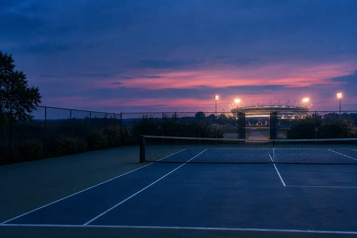 Pista de tenis tranquila a la hora azul: la red y las líneas blancas llevan a una puerta abierta en la valla y a un estadio iluminado