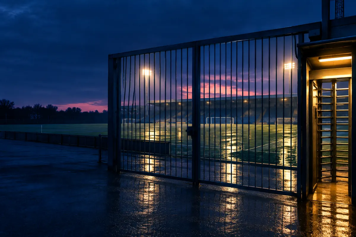 A floodlit football pitch at night seen through the bars of a closed stadium gate, with a single side turnstile still lit and open