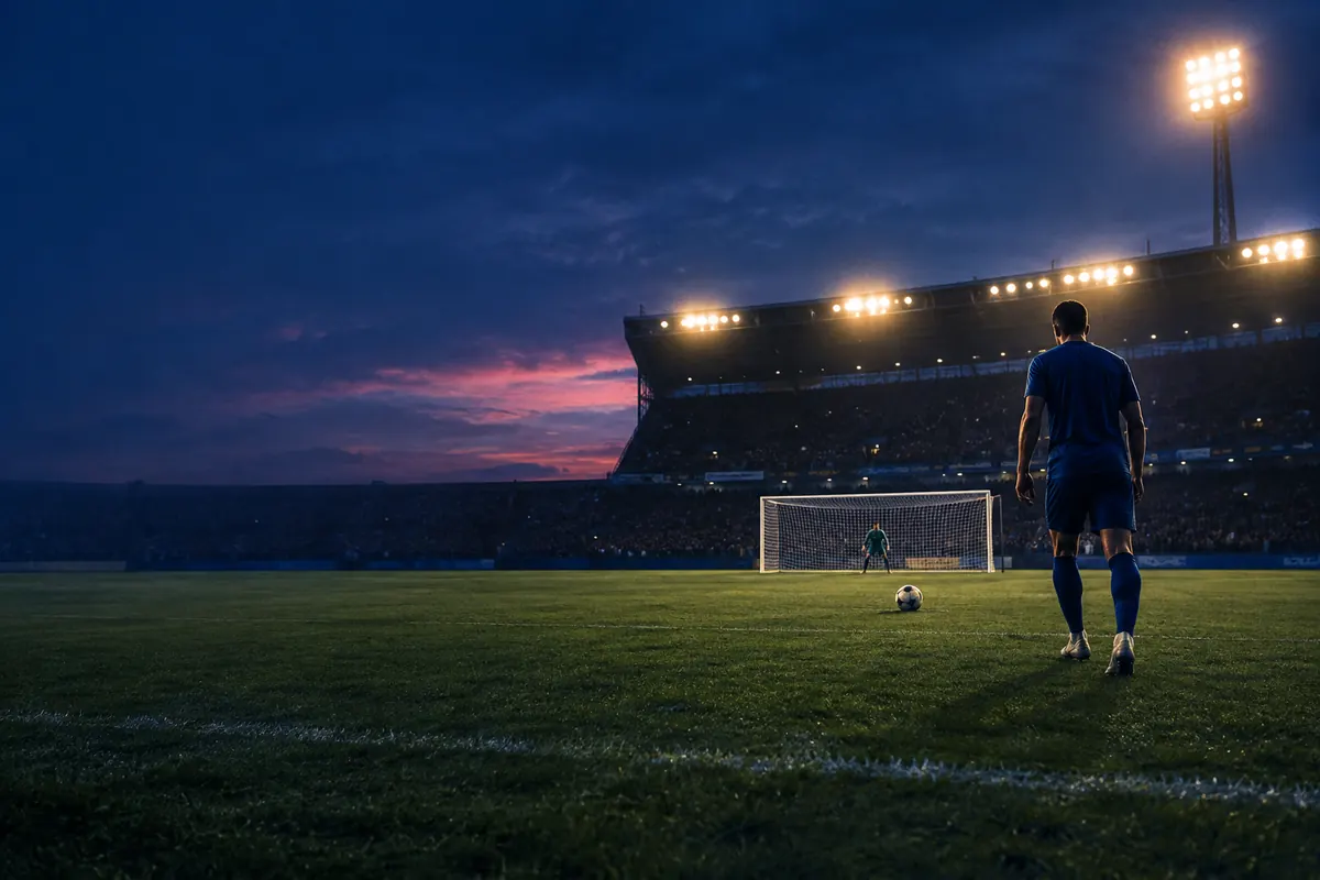 A penalty taker seen from behind stepping back from the spot as a floodlit goalkeeper waits alone in a hushed, packed stadium