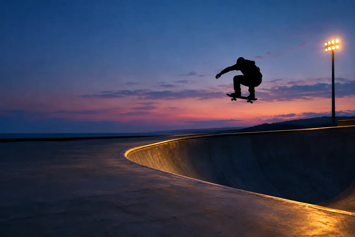A skateboarder in silhouette above the lip of an empty concrete bowl at dusk, amber rim light against a soft blue and rose sky.