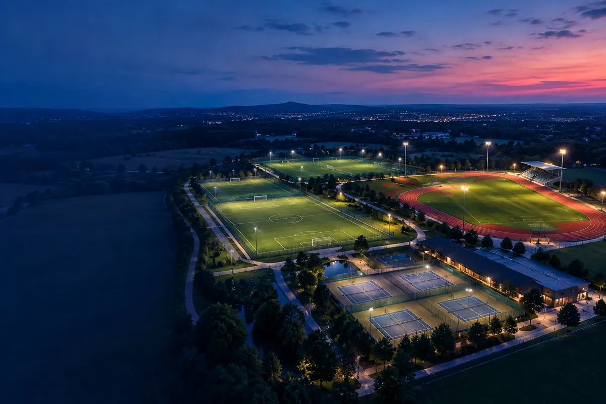 Aerial view of a sports complex at dusk, with football pitches, tennis courts and an athletics oval side by side under floodlights