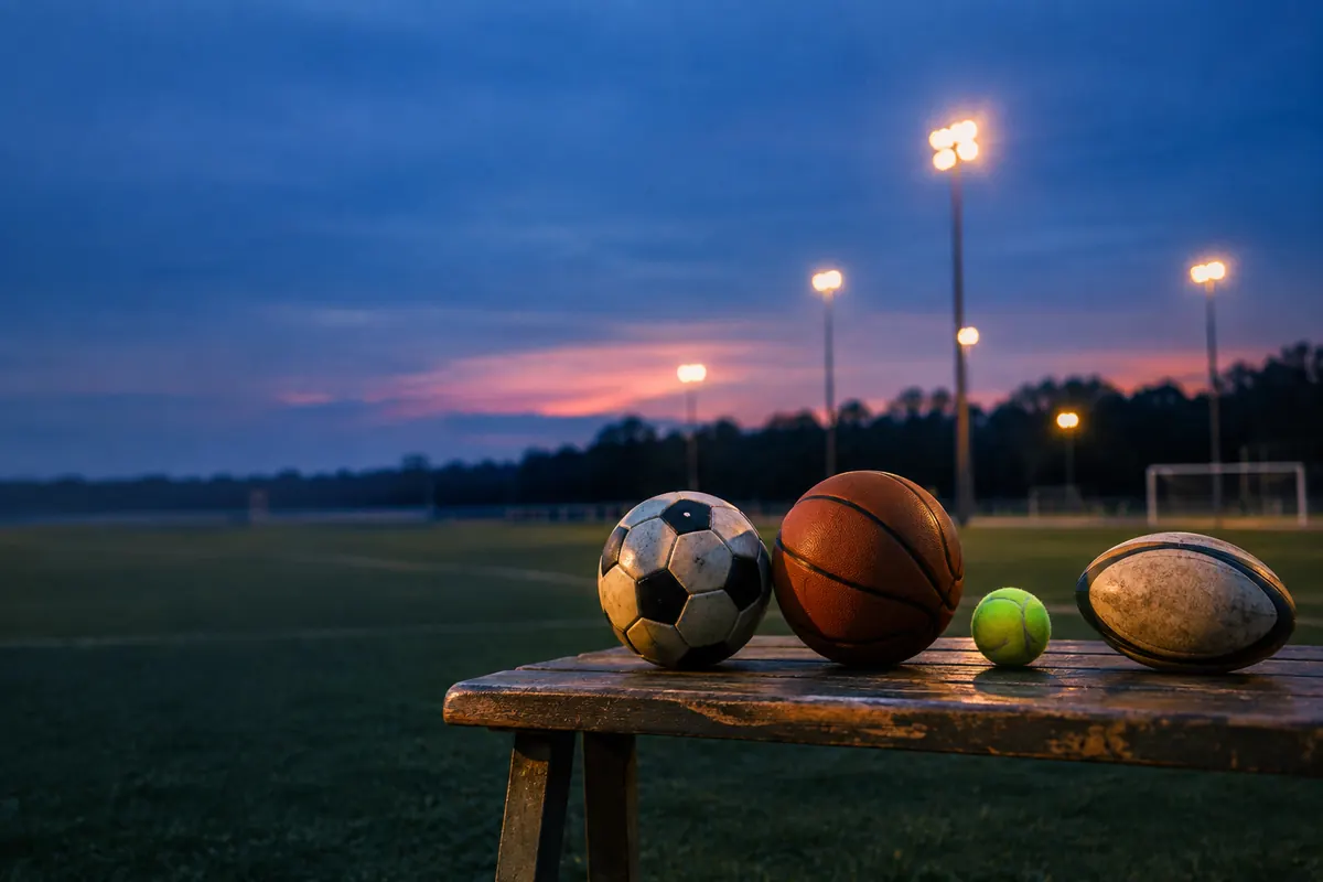 Four different sport balls lined up on a worn wooden bench at a quiet training ground at dusk, floodlit pitches blurred blue behind them.