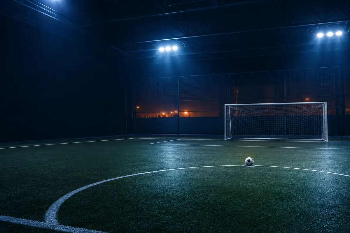 An empty indoor five-a-side football pitch at night under cold floodlights, a ball resting on the penalty spot, no crowd in sight.