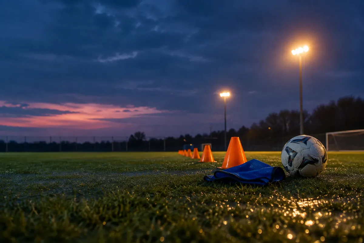 A low, ground-level view of orange training cones leading toward a football and a folded bib on a floodlit training pitch at dusk.