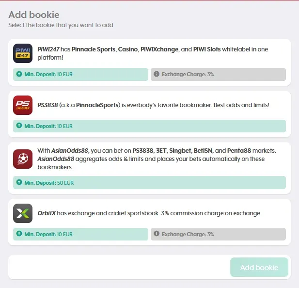 Pantalla «Add bookie» de AsianConnect con PIWI247, PS3838, Asianodds88 y OrbitX, sus depósitos mínimos y las comisiones de los exchanges.